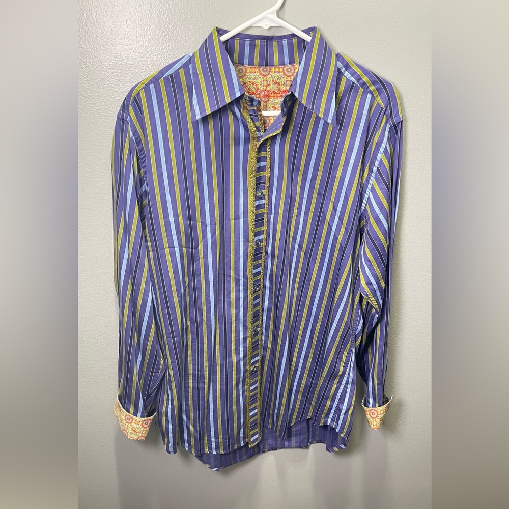 Robert Graham Men's Purple Green Stripe Button Down Long Sleeve Size Large